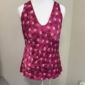 100% Silk Old Navy Magenta Floral V-Neck Blouse